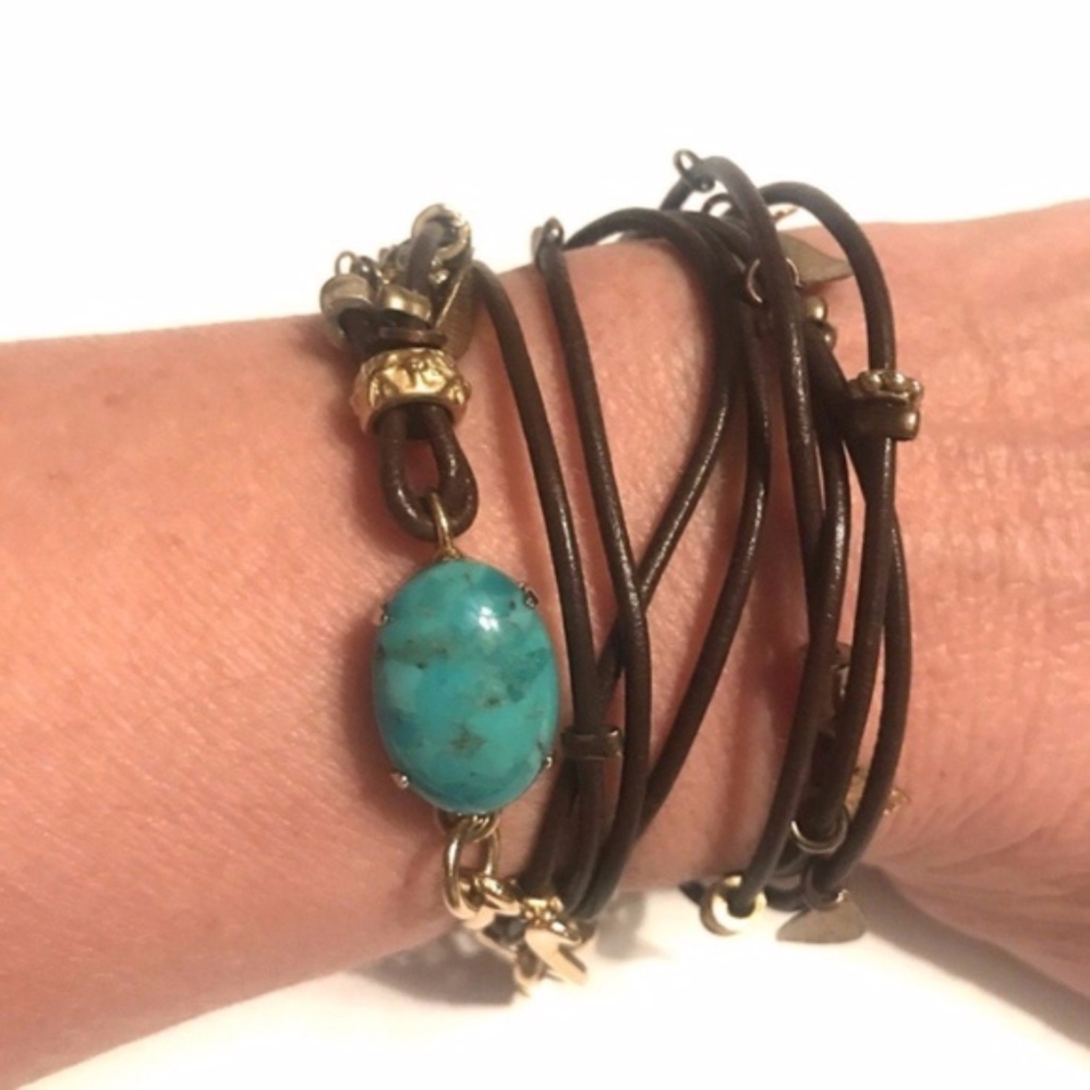 Turquoise & Gold Leaf Brown Leather Wrap Bracelet